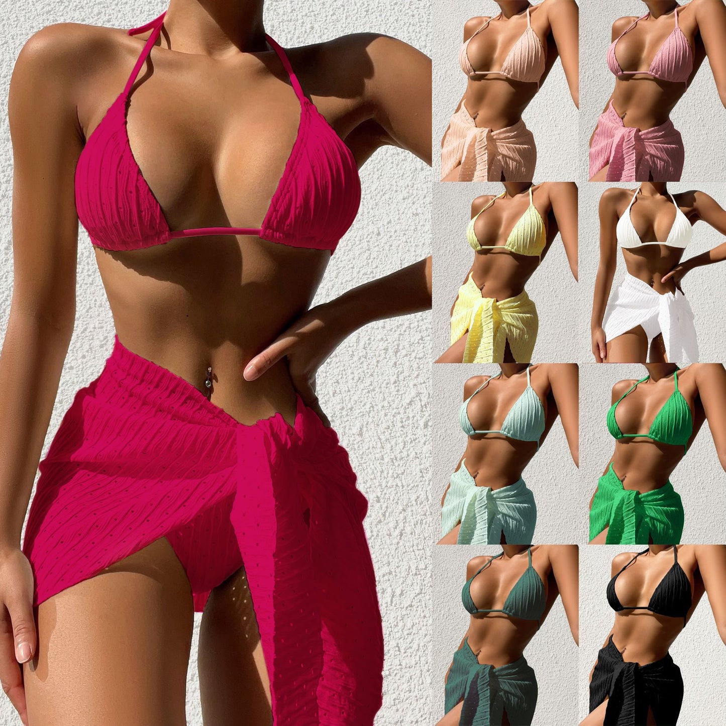 Costume da bagno da donna estivo, 3 pezzi, con scollo all'americana, bikini sexy a tinta unita, senza schienale e gonna a rete