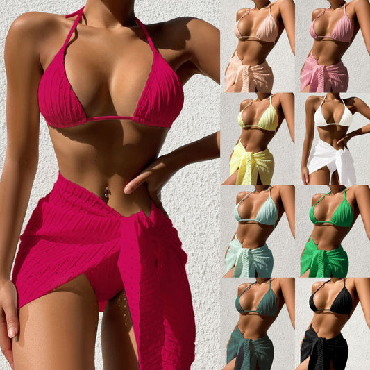 Costume da bagno da donna estivo, 3 pezzi, con scollo all'americana, bikini sexy a tinta unita, senza schienale e gonna a rete