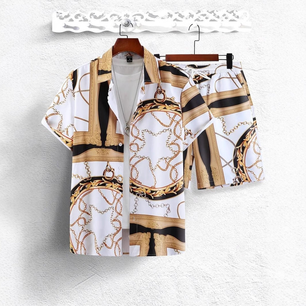 Completo con pantaloncini e maglietta con stampa digitale 3D a catena in oro di lusso