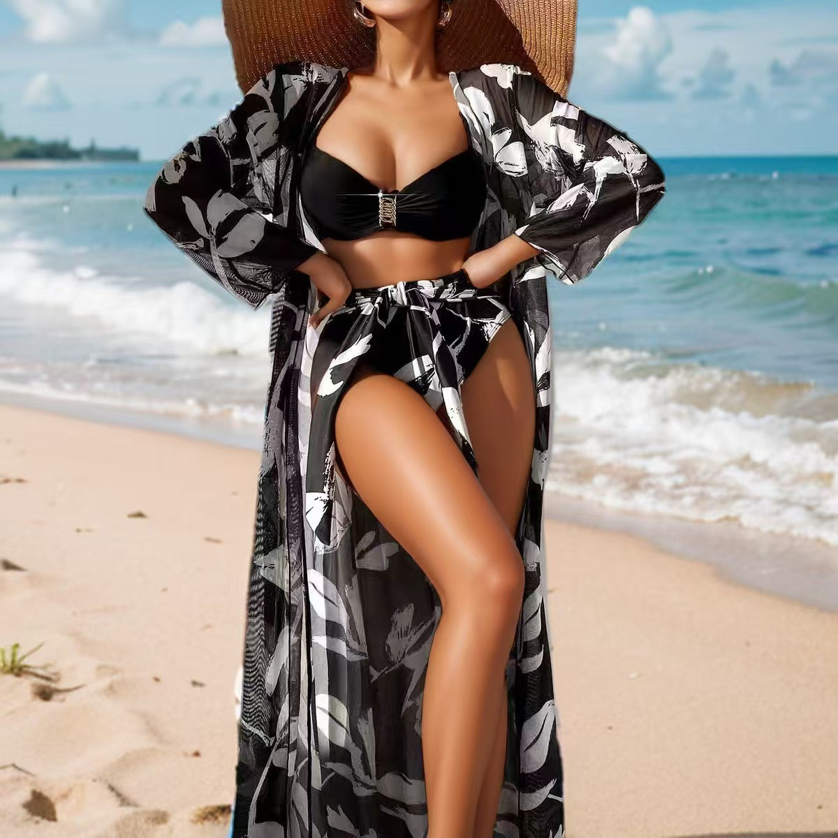 Costume da bagno da donna a tre pezzi con spacco bikini a vita alta e maglietta lunga