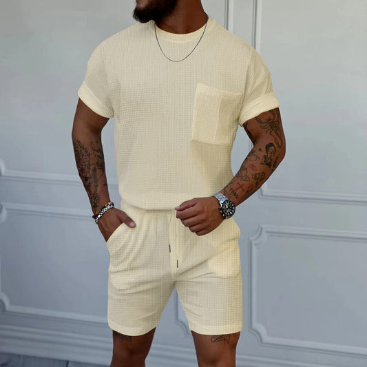 Pantaloncini a maniche corte con scollo rotondo e tasca a nido d'ape, tuta sportiva casual