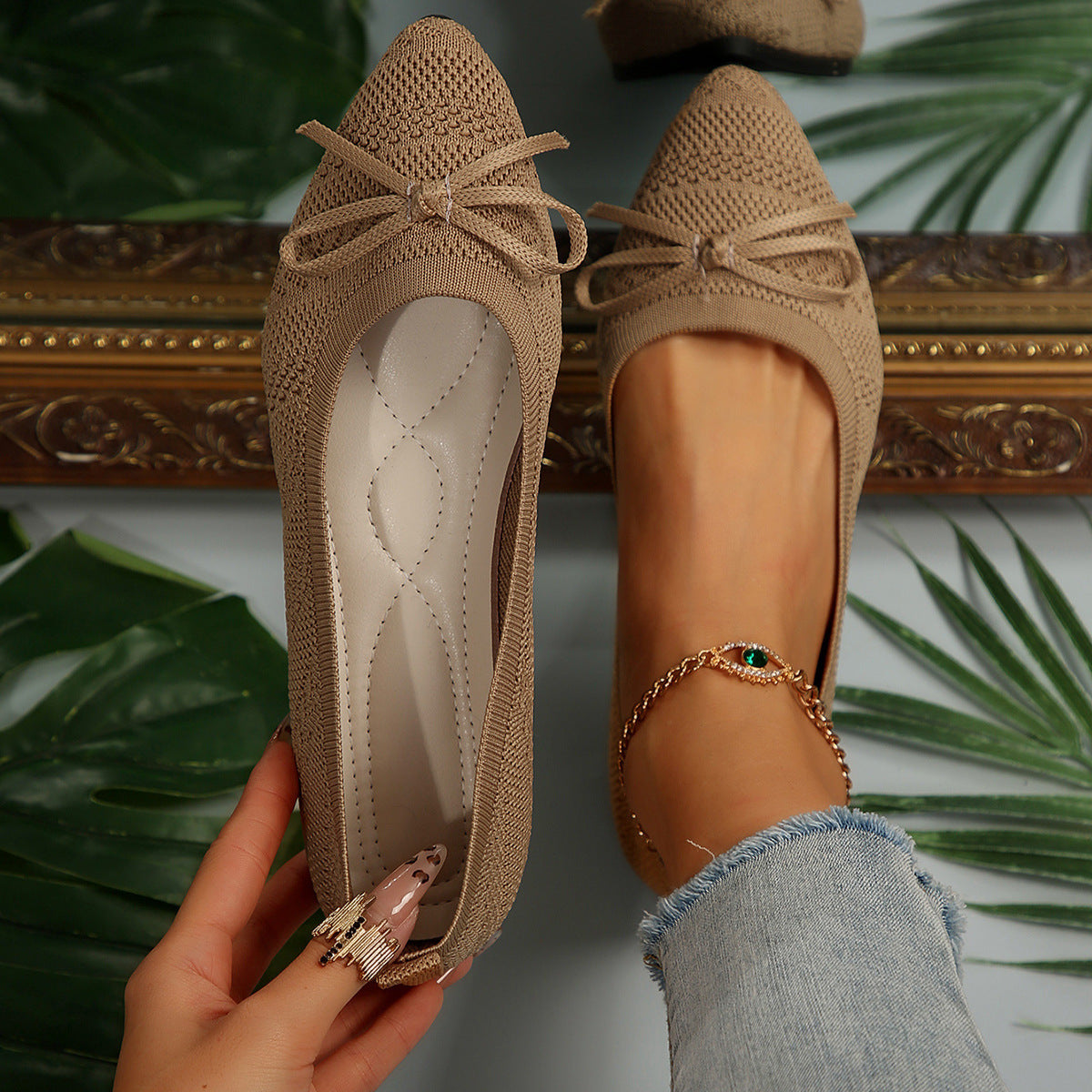 Mocassini con fiocco in maglia, scarpe basse a punta alla moda per le donne