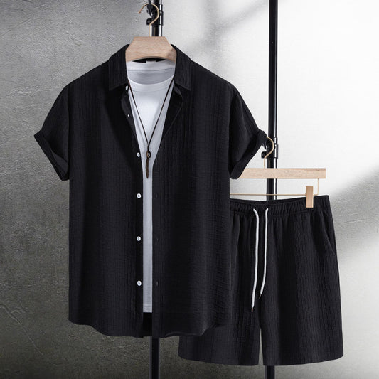 Camicia a maniche corte in jacquard da uomo, stile casual, con pantaloncini e abito