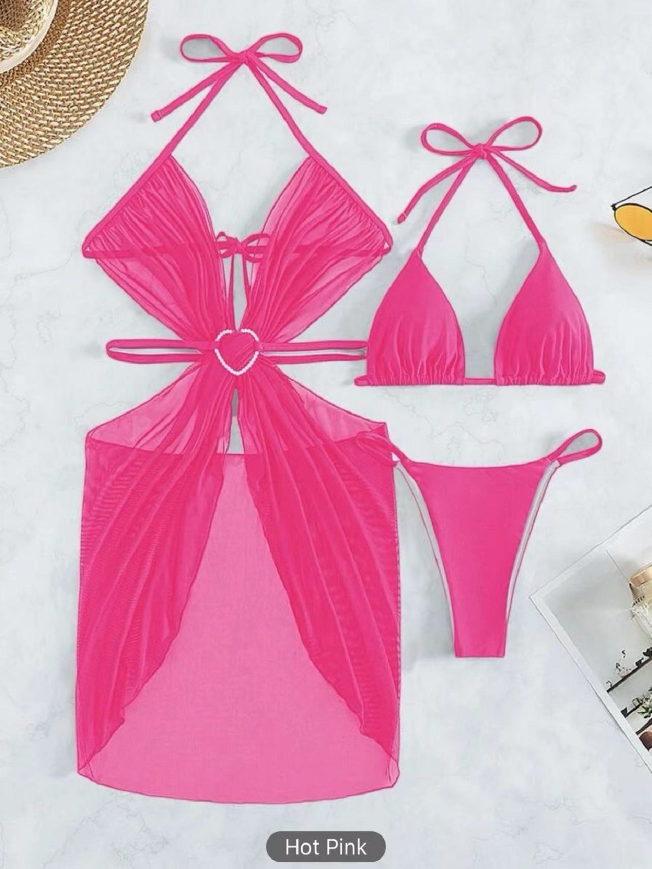 Costume da bagno da donna estivo con scollo all'americana, 3 pezzi, bikini, tinta unita, spacco laterale