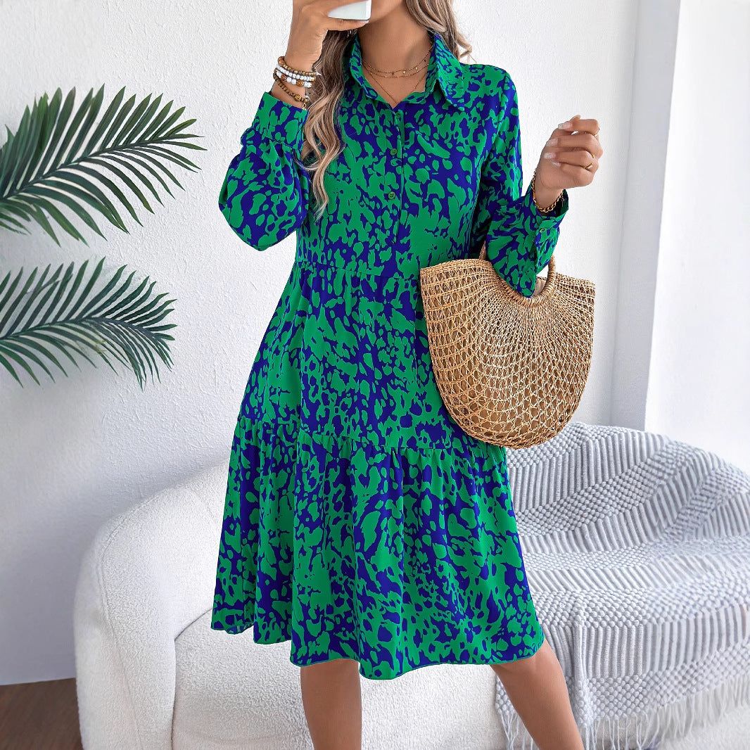 Abito-camicia casual a maniche lunghe con stampa leopardata a contrasto di colore