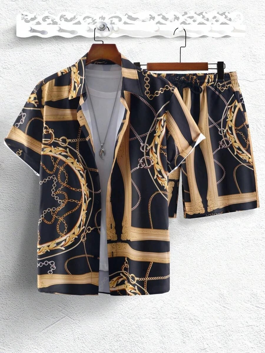 Completo con pantaloncini e maglietta con stampa digitale 3D a catena in oro di lusso