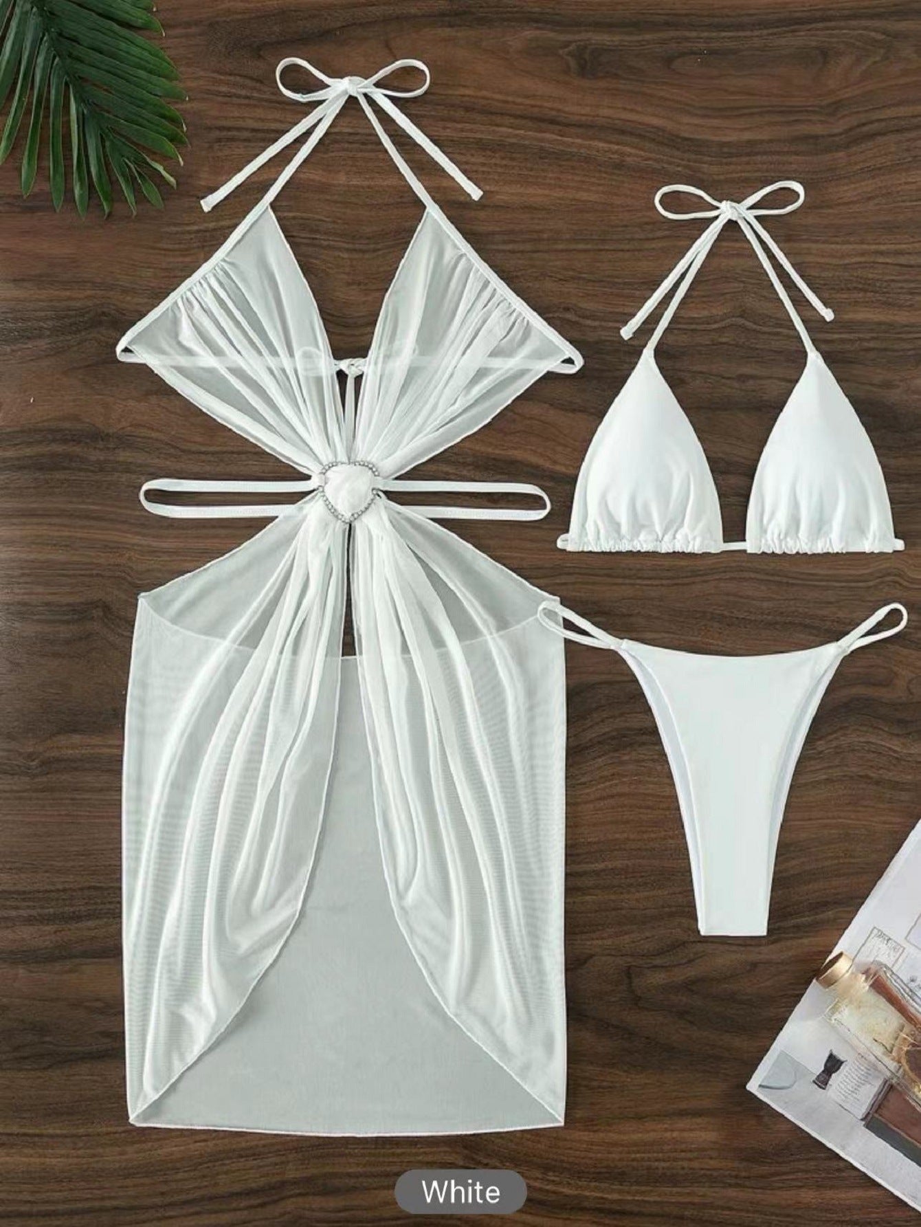 Costume da bagno da donna estivo con scollo all'americana, 3 pezzi, bikini, tinta unita, spacco laterale