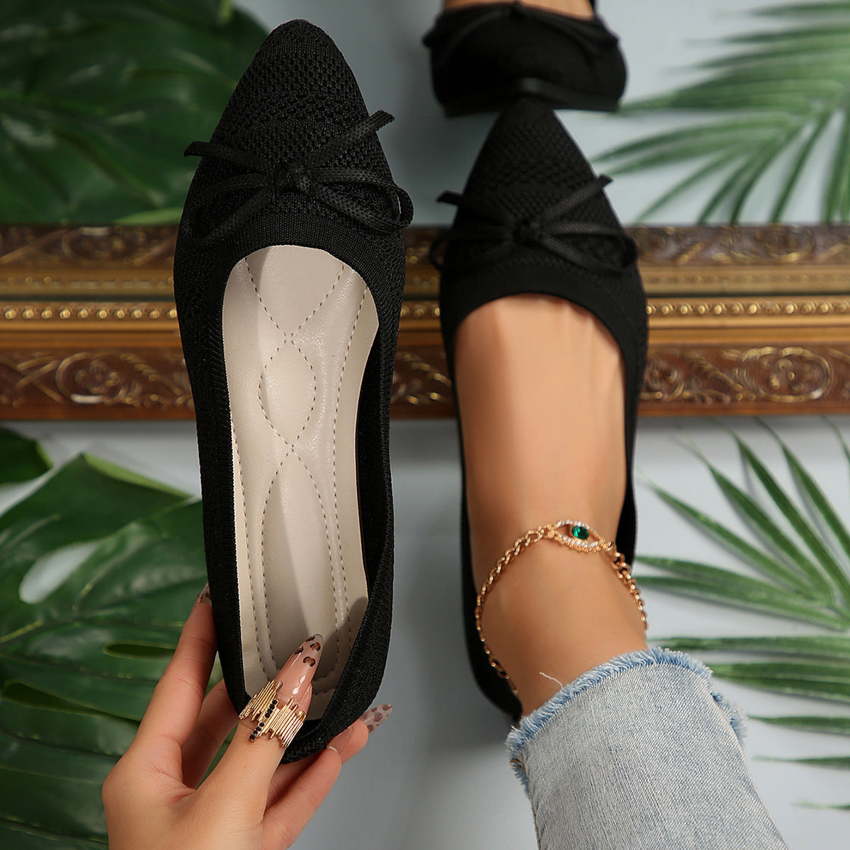 Mocassini con fiocco in maglia, scarpe basse a punta alla moda per le donne